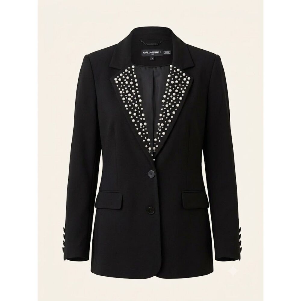 Karl Lagerfeld Paris Black Pearl Embellished Blazer Jacket Size 12 Chic Career